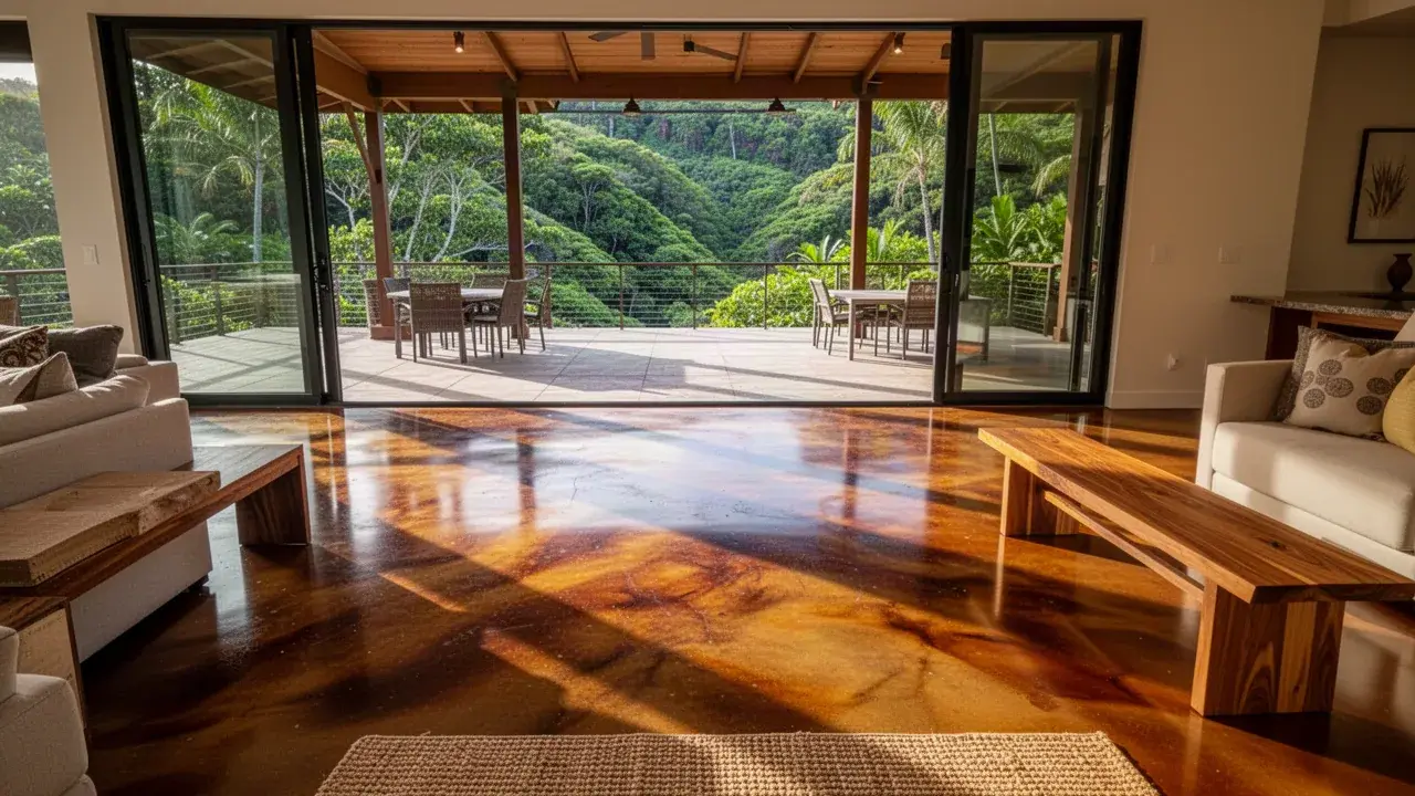 Amber-toned stained slab in an open-plan great room Acid stained concrete floor in modern Haiku living room