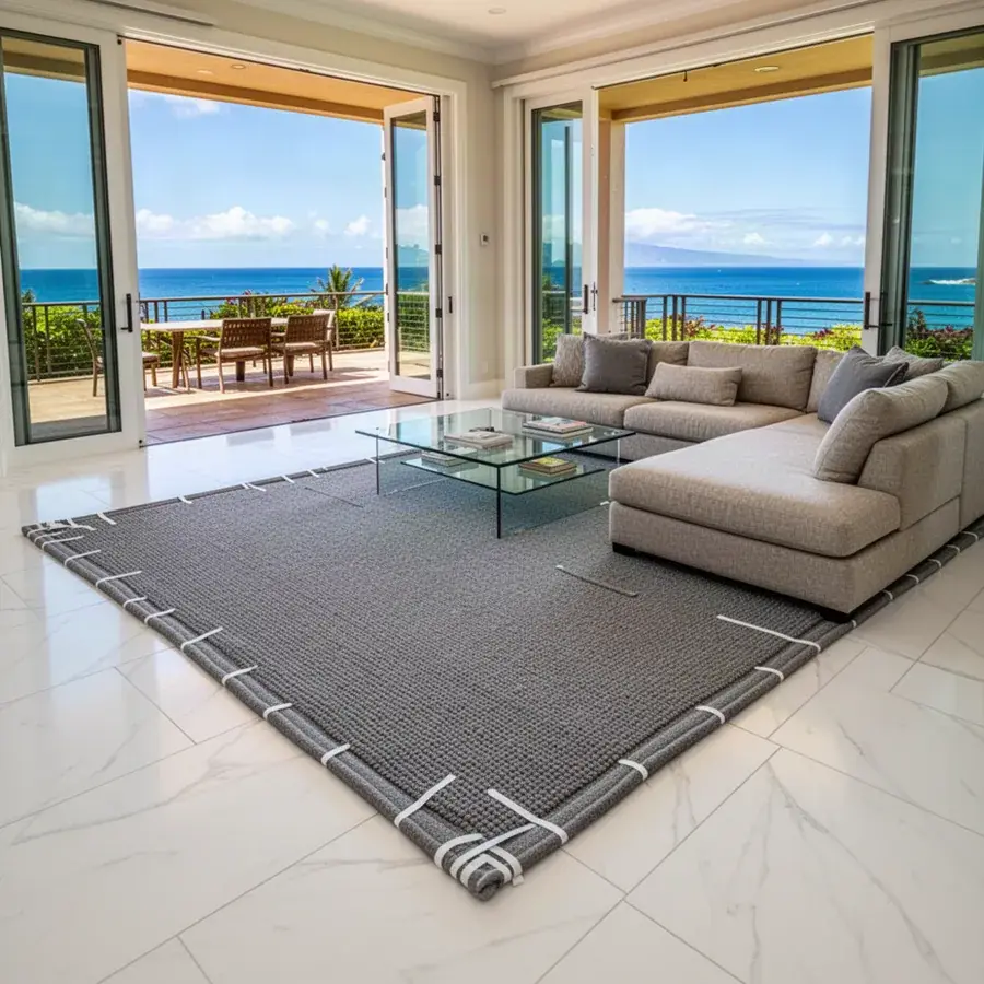 Bound carpet area rug on porcelain floor in Wailea