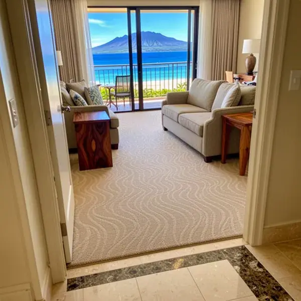 Suite carpet matched to the approved brand color Brand standard carpet in Kaanapali hotel suite
