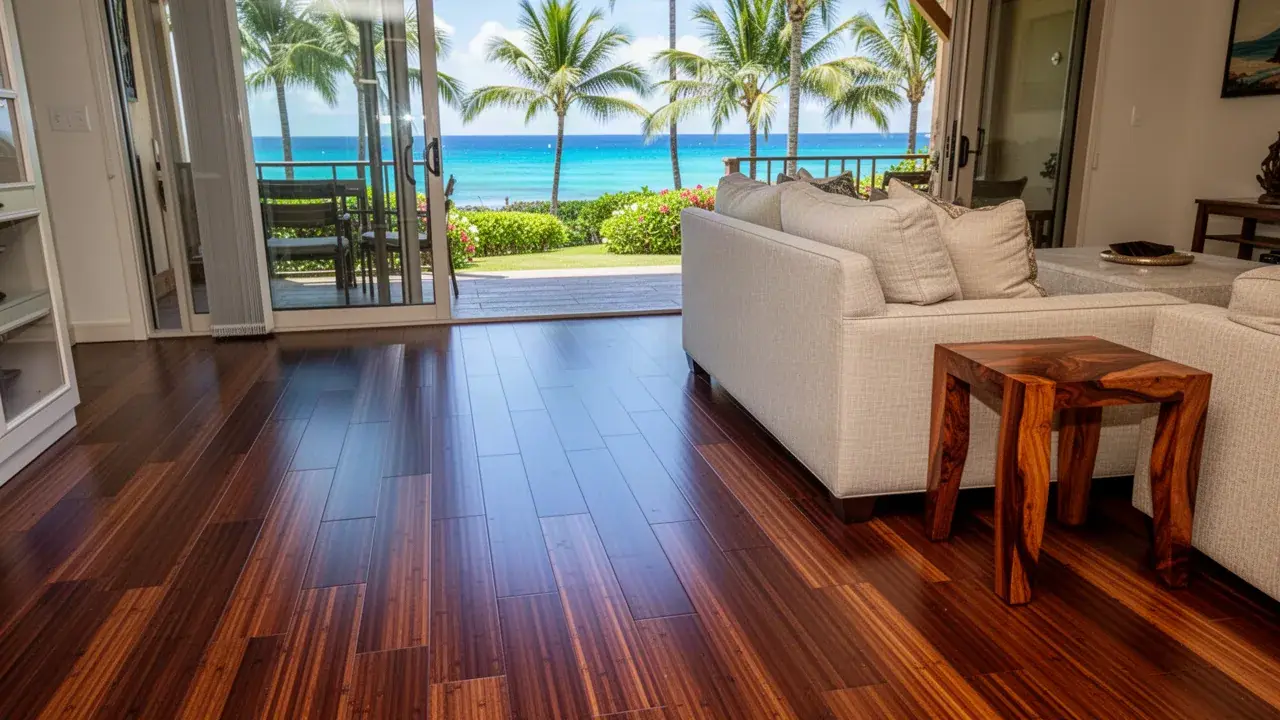Carbonized strand bamboo floor in Napili condo living room