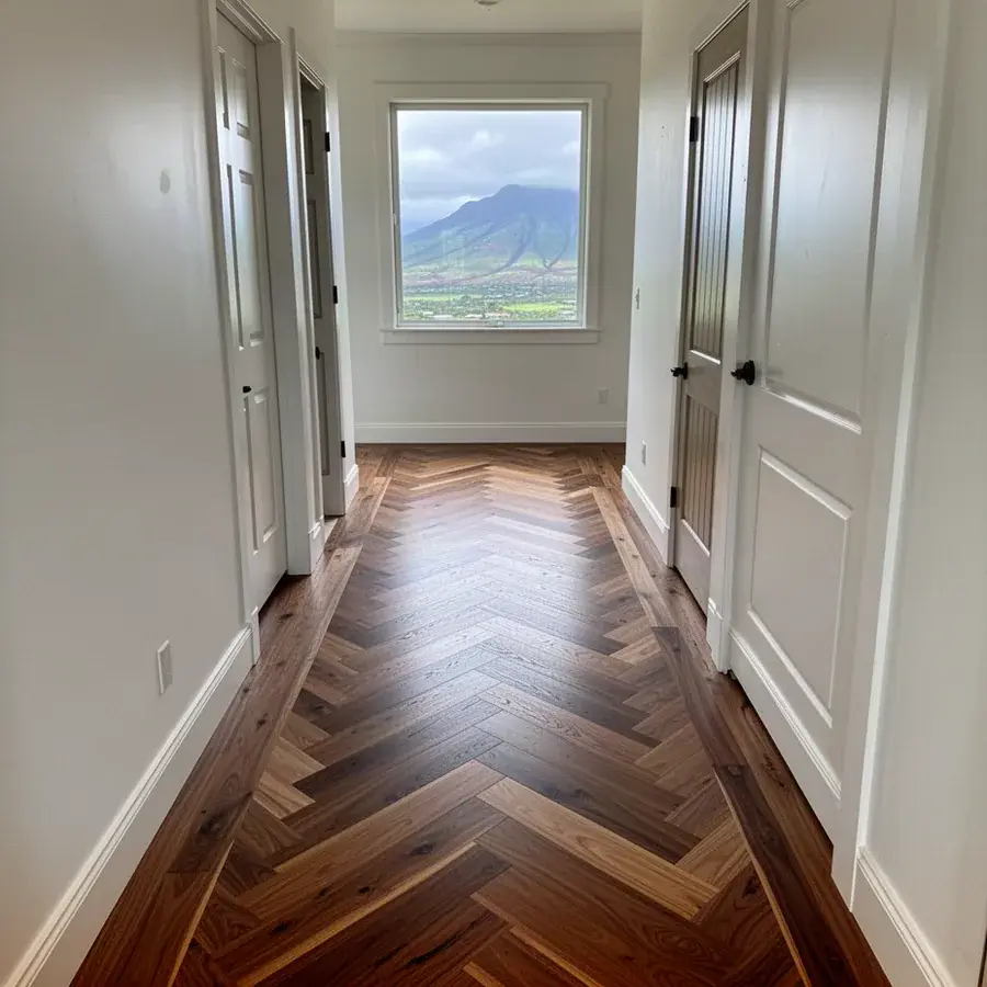 Centered herringbone hallway floor in new Lahaina home