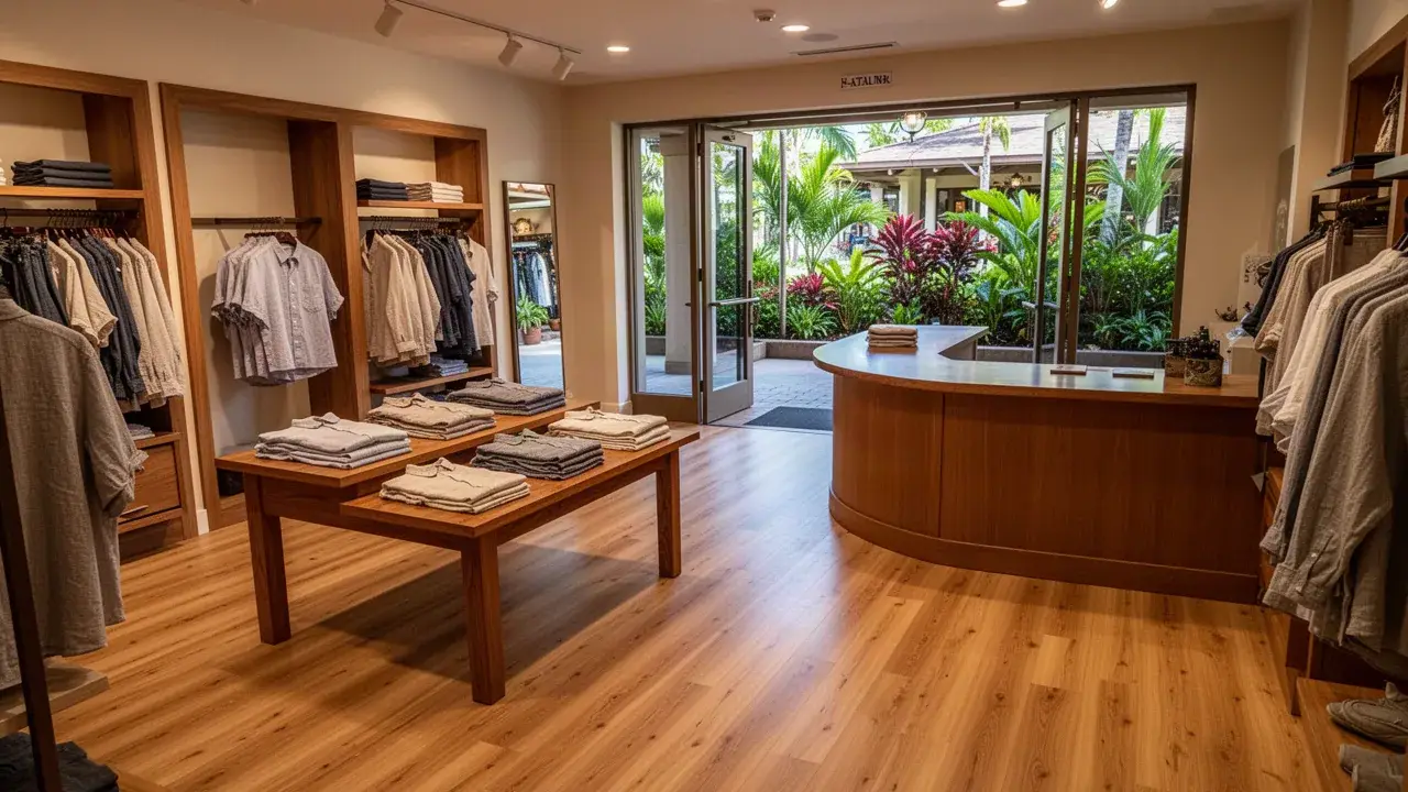 Boutique sales floor in a warm oak-look plank Commercial vinyl plank floor in Wailea boutique