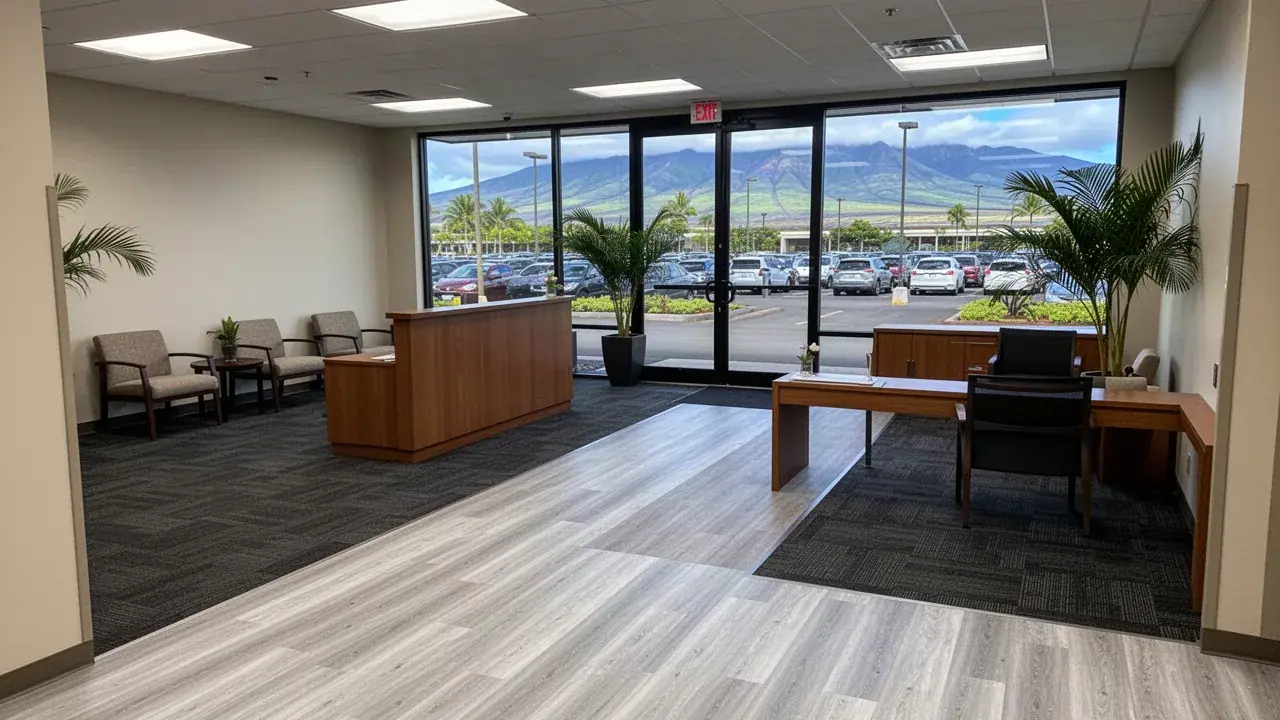 Front desk area with fresh LVT and carpet tile Completed commercial flooring in Kahului office reception