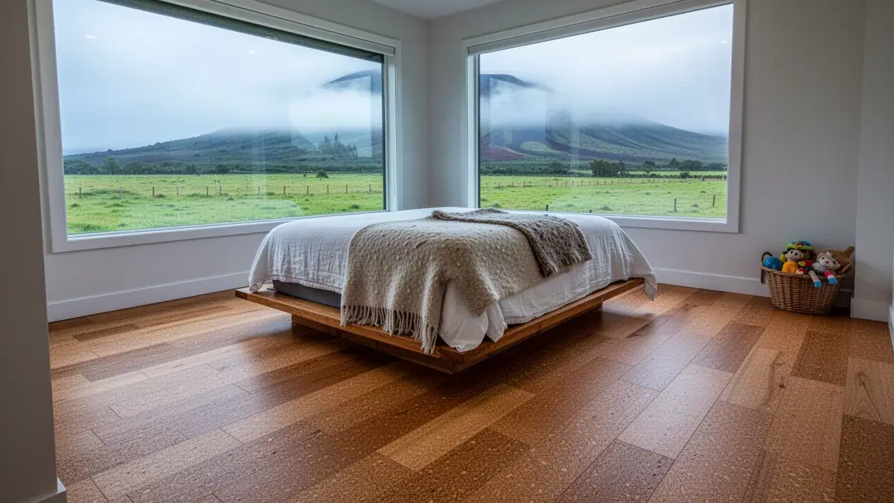 Warm cork planks in a quiet Kula bedroom Cork plank floor in Upcountry Kula home bedroom