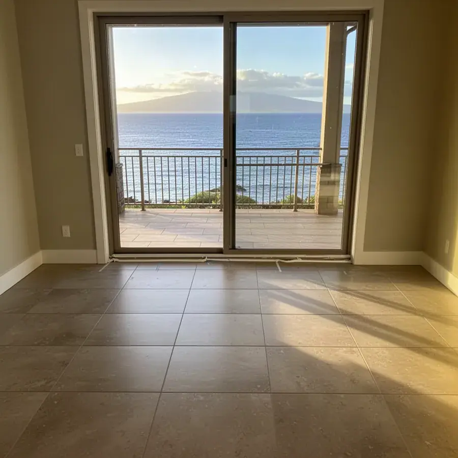 Tile running right up to a sunny west-facing door Crack-free tile floor by west-facing slider in Lahaina home