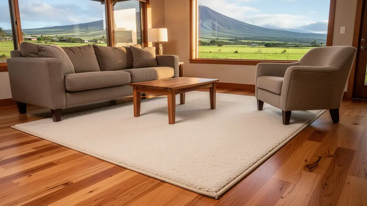 Custom bound area rug on hardwood in Pukalani home