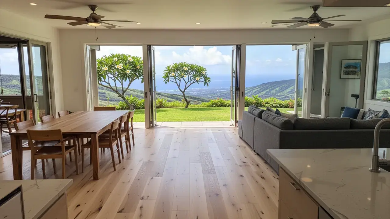 Engineered oak floor in Pukalani home living room