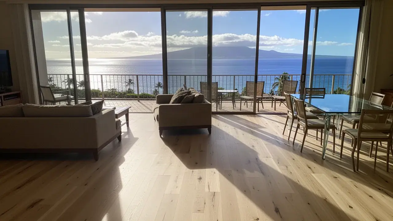 Engineered oak flooring in Honokowai high-rise condo