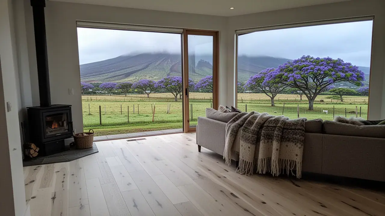Engineered oak flooring in Pukalani hillside home living room