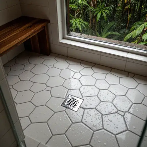 Clean grout lines in a humid windward bathroom Epoxy grouted ceramic hexagon shower floor in Huelo home