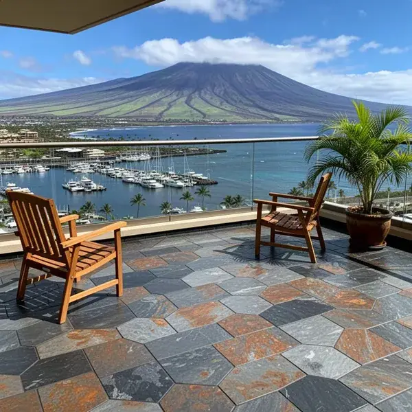 Slate from one lot with a nice even tone Even-toned slate tile floor on Maalaea condo lanai