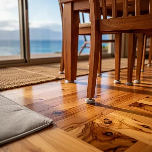 Protected chair legs on a fresh wood floor Felt pads under dining chair legs on Napili hardwood floor