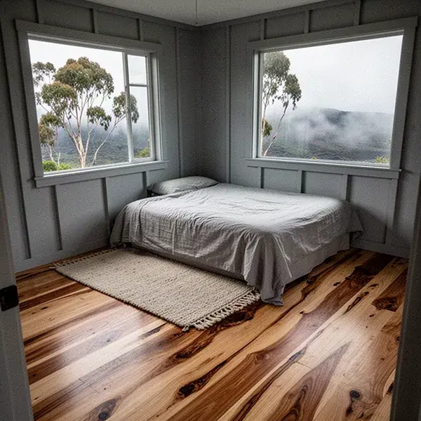Finished hickory hardwood floor in Kula farmhouse bedroom
