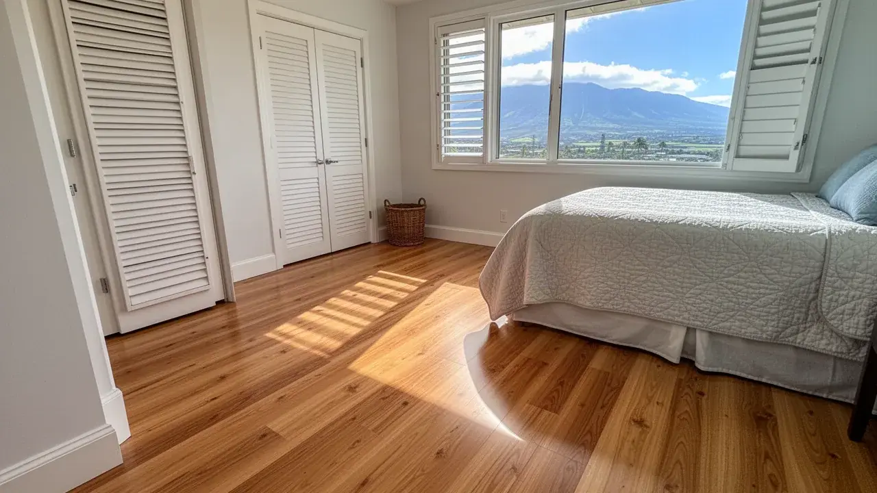 Finished laminate floor in sunny Waikapu townhome bedroom