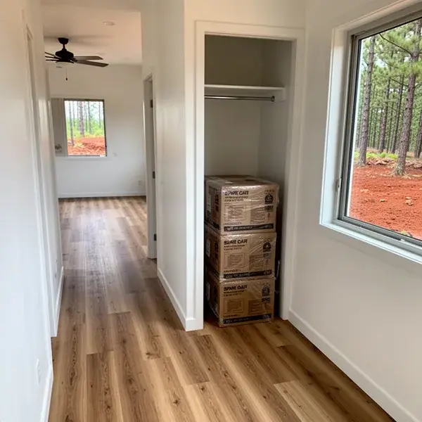 Extra cartons from the barge order tucked in the closet Finished laminate floor with spare boxes in Lanai City