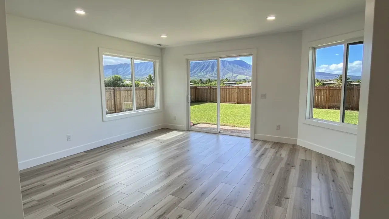 Finished porcelain plank floor in Lahaina rebuilt home