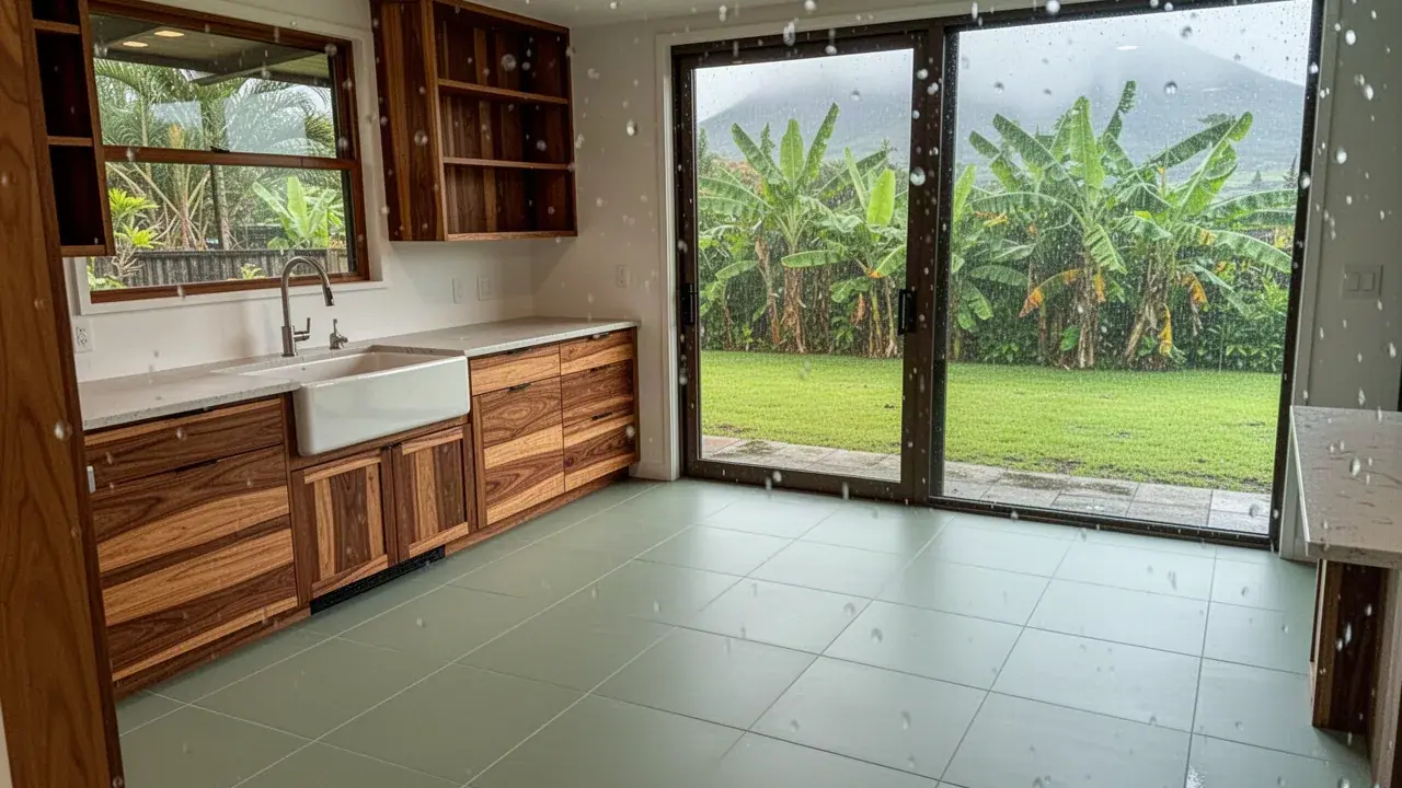 Finished porcelain tile floor in Haiku home kitchen