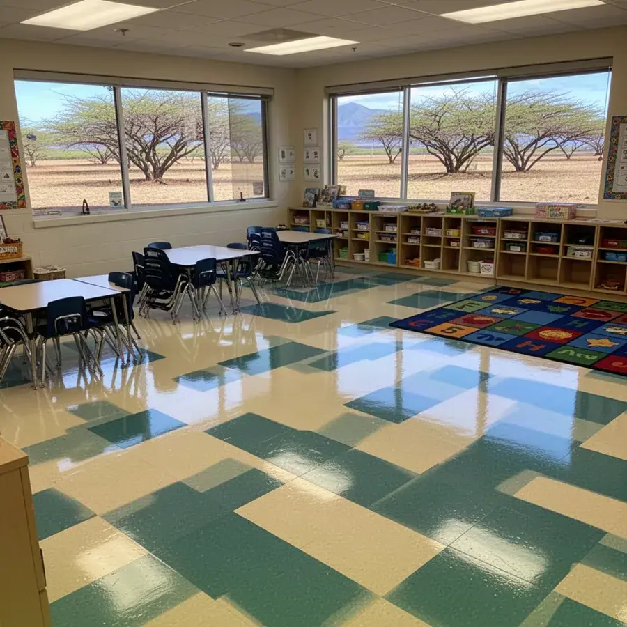 Finished VCT floor in bright Kihei school classroom