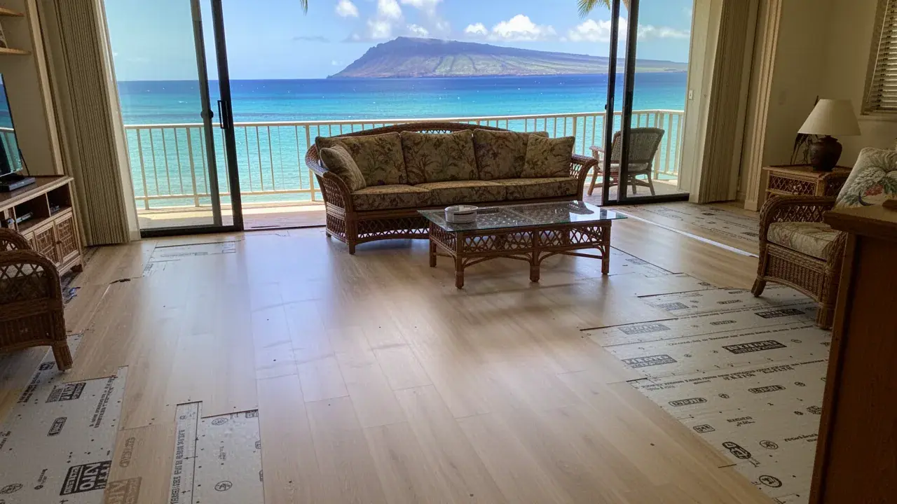 Finished vinyl plank floor in Kihei oceanfront condo