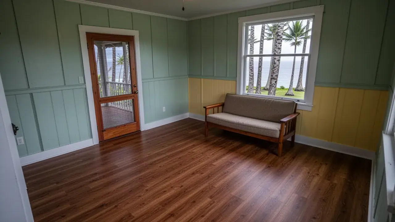 Plantation cottage front room with new plank flooring Finished vinyl plank floor in Lanai City cottage