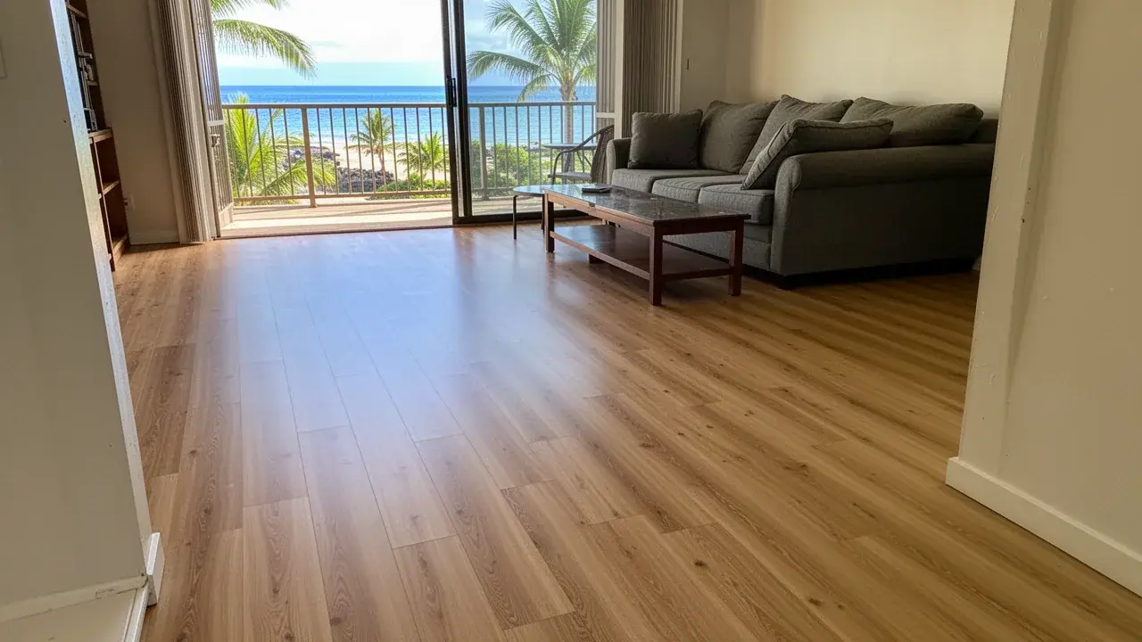 Fresh plank floor where tired carpet used to be Finished vinyl plank floor replacing old carpet in Kihei
