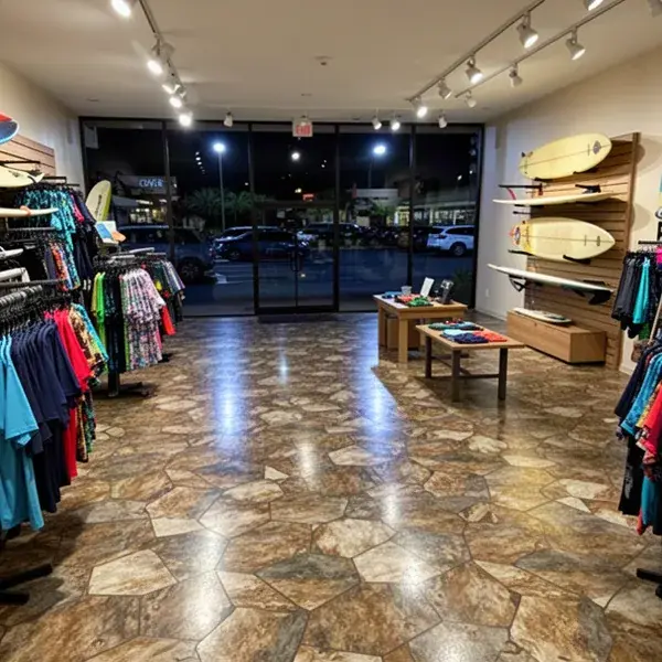 Store ready to open after an overnight floor job Finished vinyl tile floor in Kihei retail store