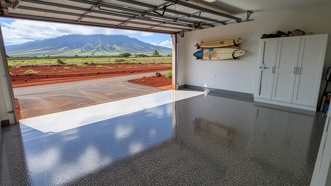 Flake epoxy floor in Kahului two car garage
