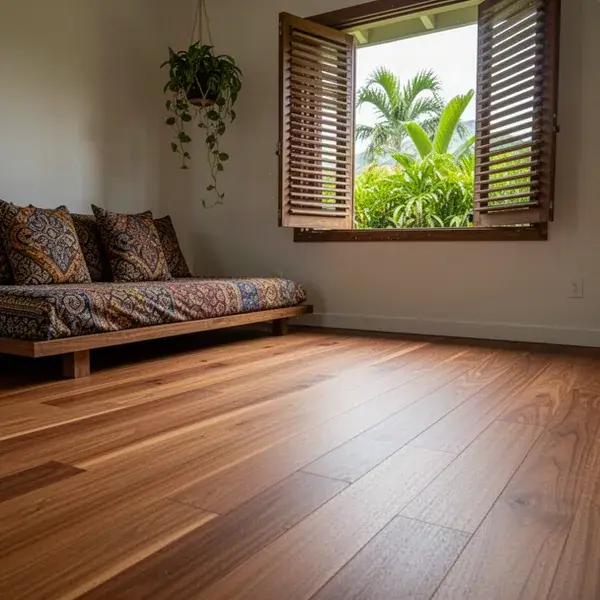 Flat engineered teak floor in Paia ground level studio