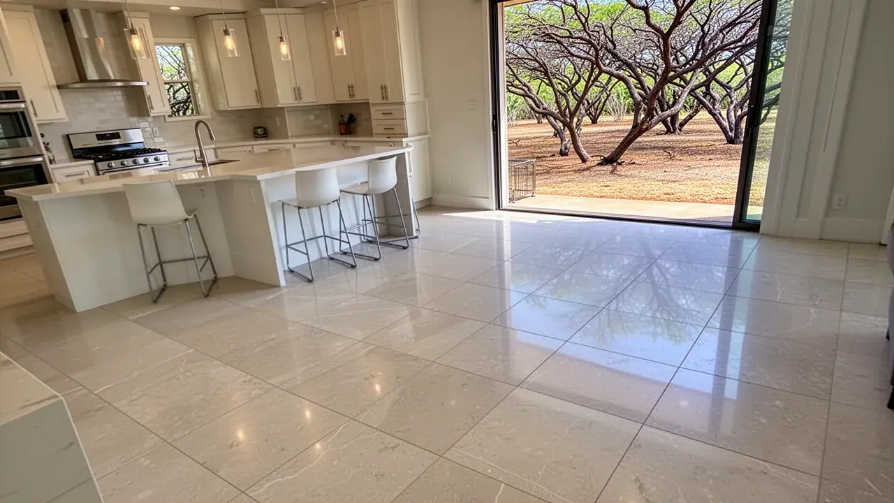 Lippage-free tile across an open kitchen Flat porcelain tile floor over leveled Kihei slab