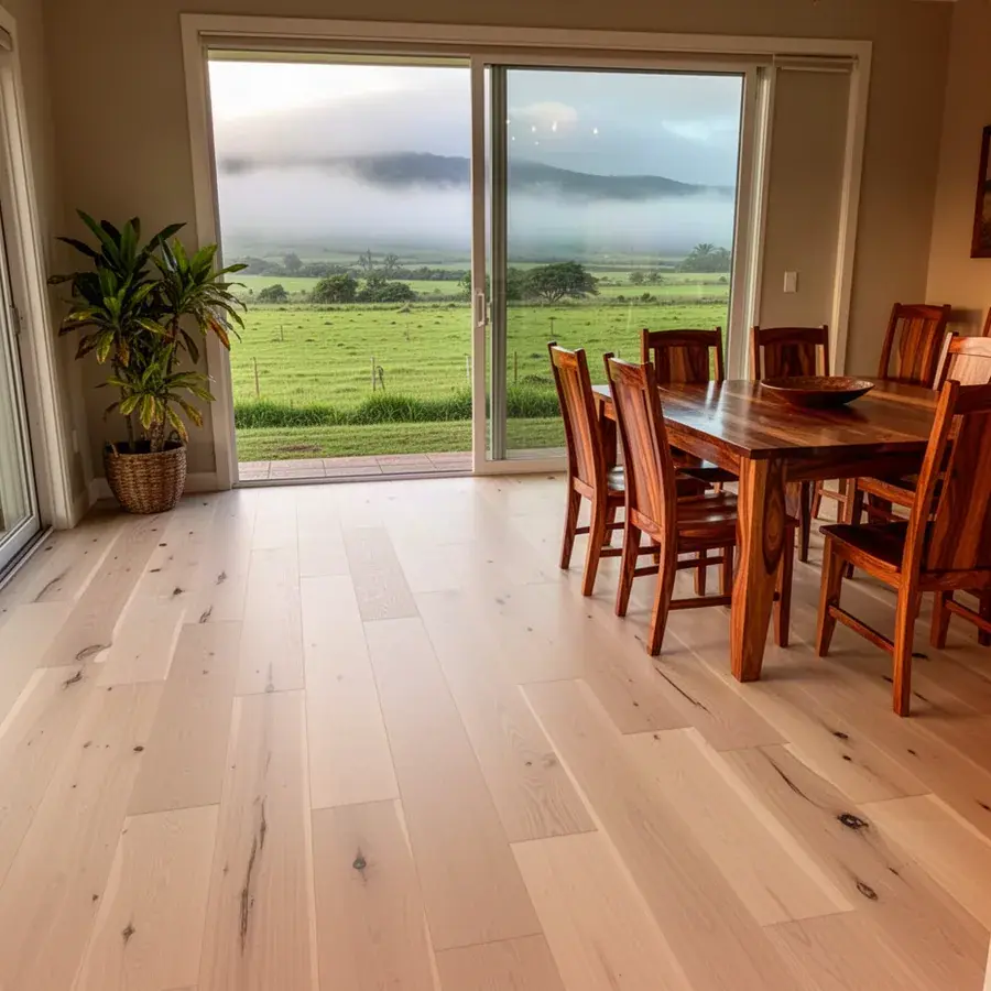 Flat repaired engineered oak floor in Pukalani ranch home