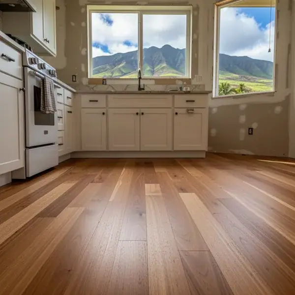 Flat repaired hardwood by kitchen sink in Lahaina rebuild