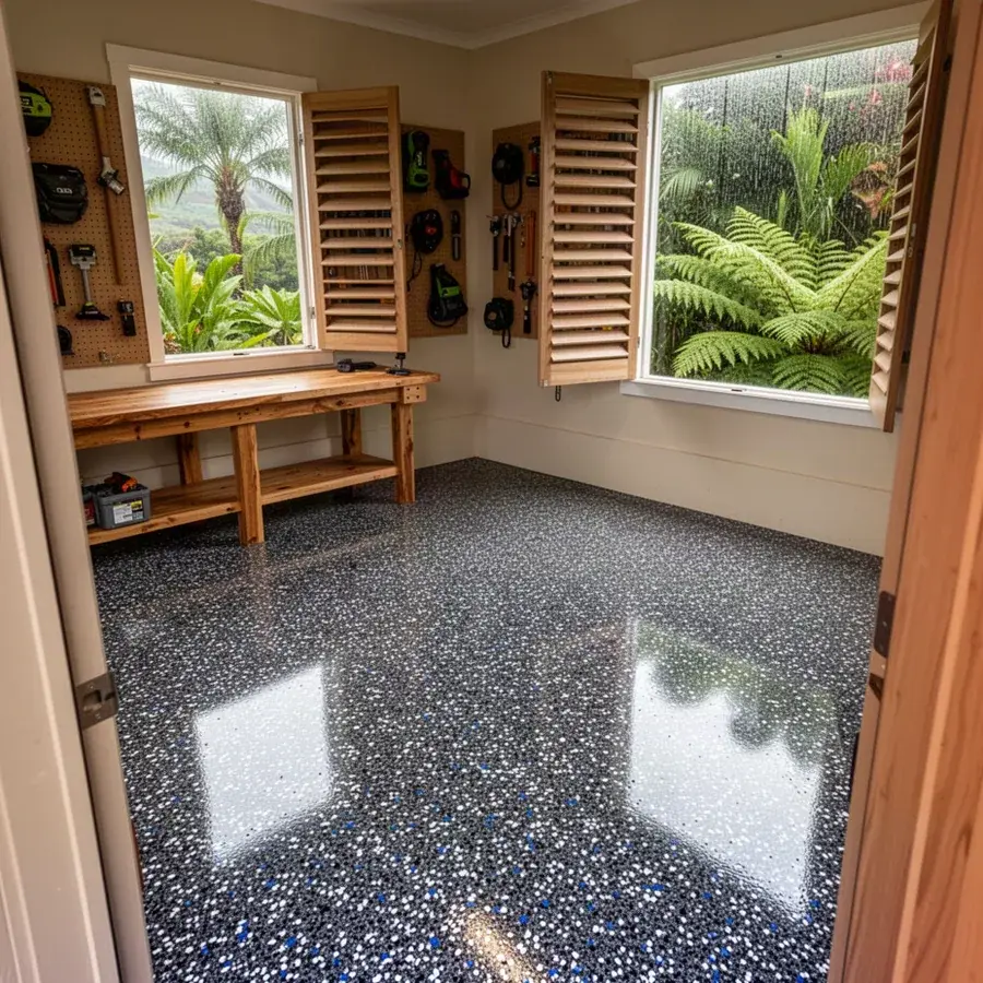 Full broadcast flake epoxy floor in Haiku workshop