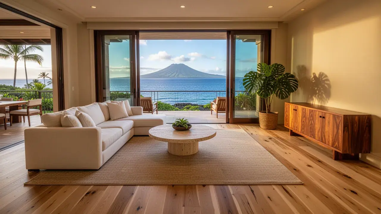 Living room reset on a freshly finished floor Furniture back in place on new Wailea hardwood floor