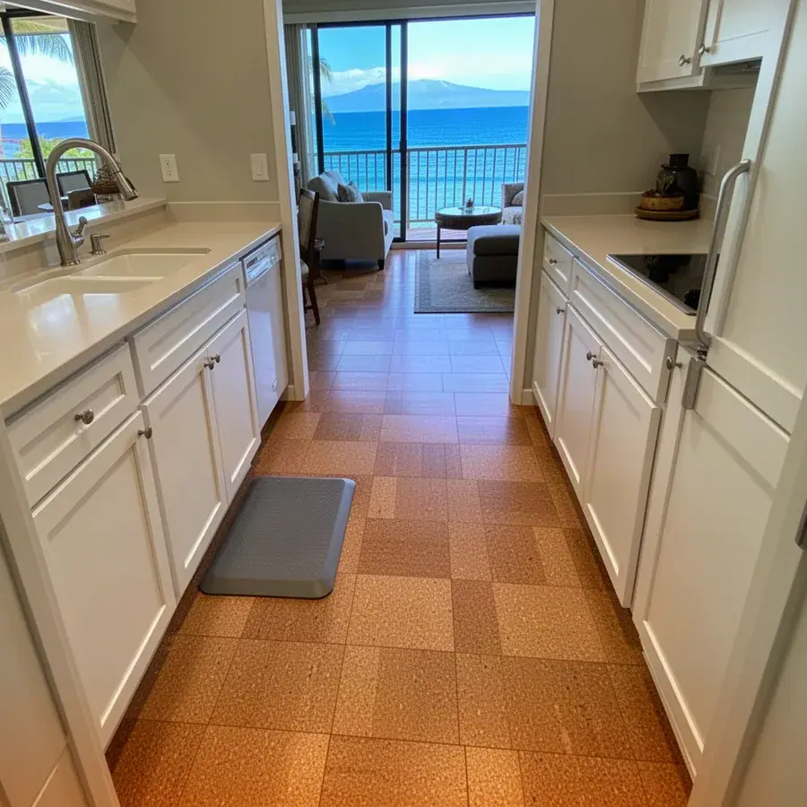 Sealed cork tiles underfoot in a West Maui condo kitchen Glue down cork tile kitchen floor in Kahana condo