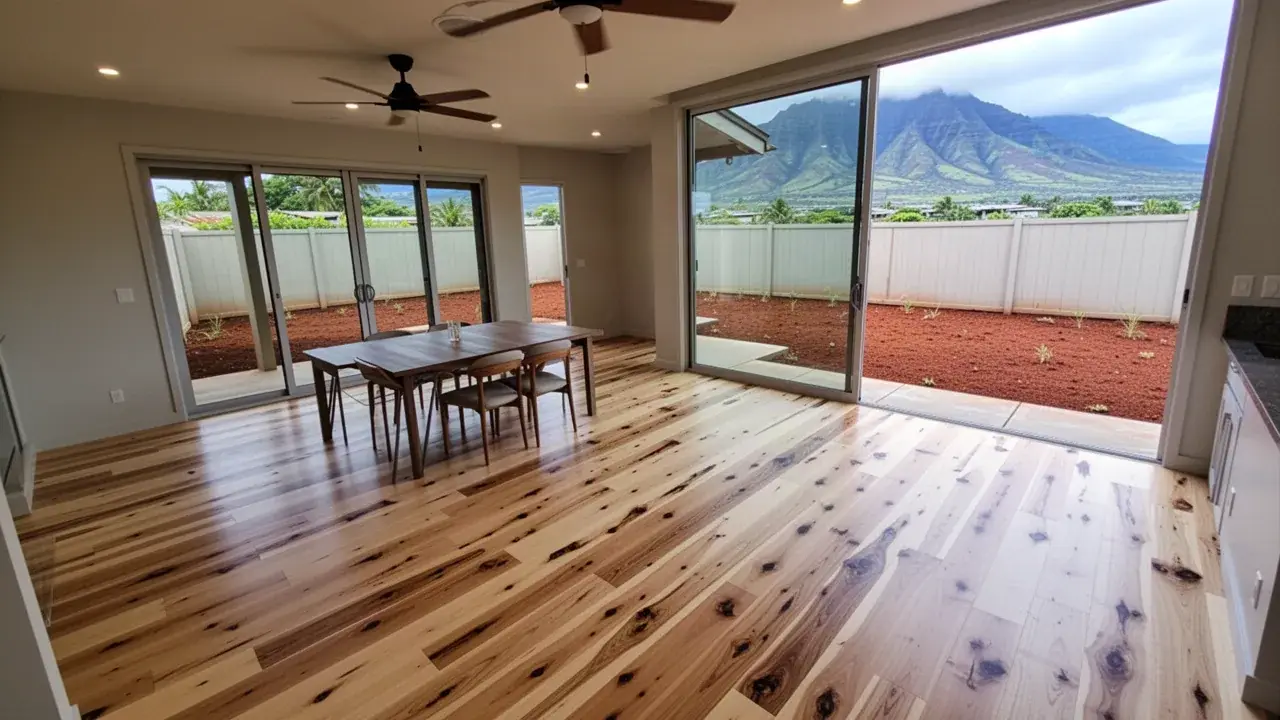 Rustic engineered planks in a slab-on-grade house Glue down engineered hickory floor in Kahului home
