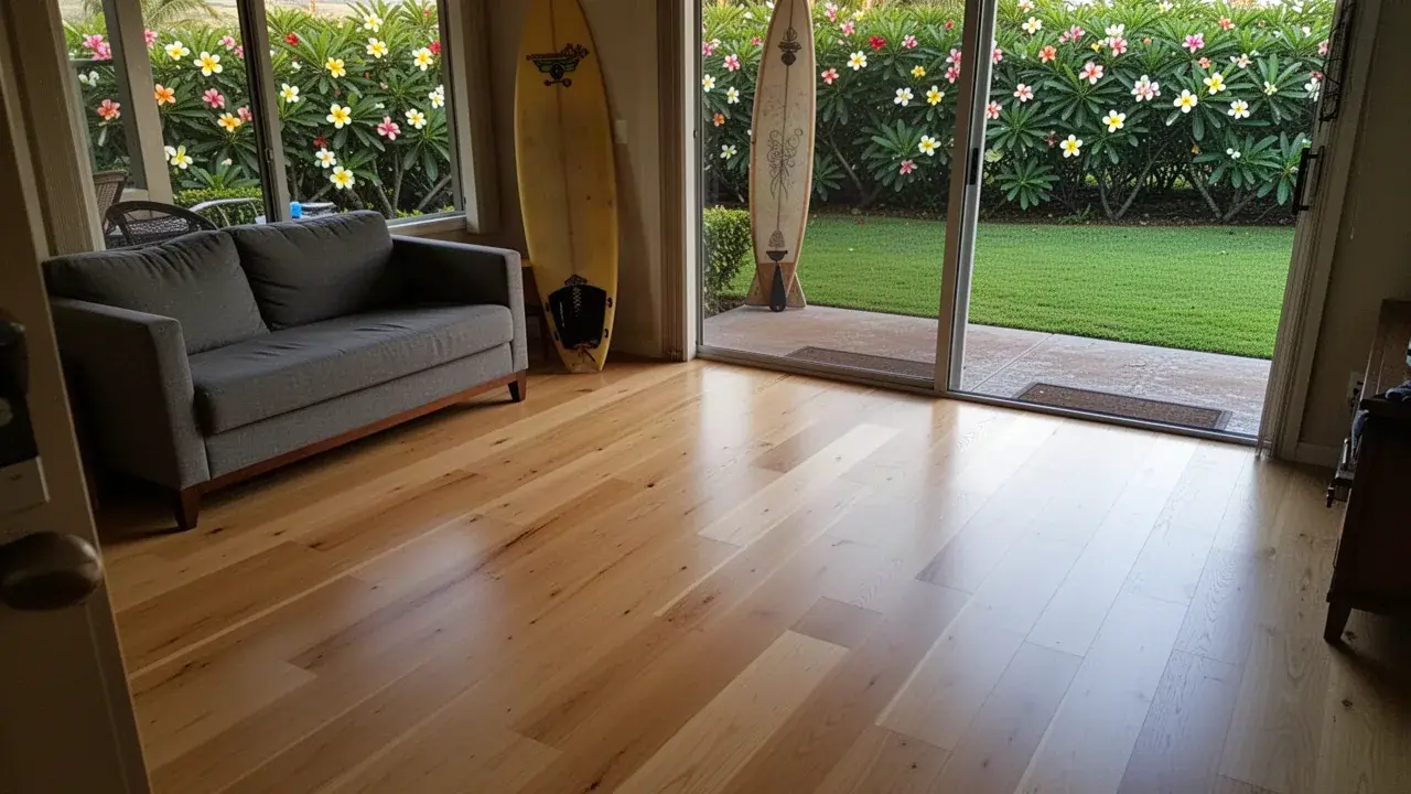 Glue down engineered oak floor in Kamaole ground floor condo