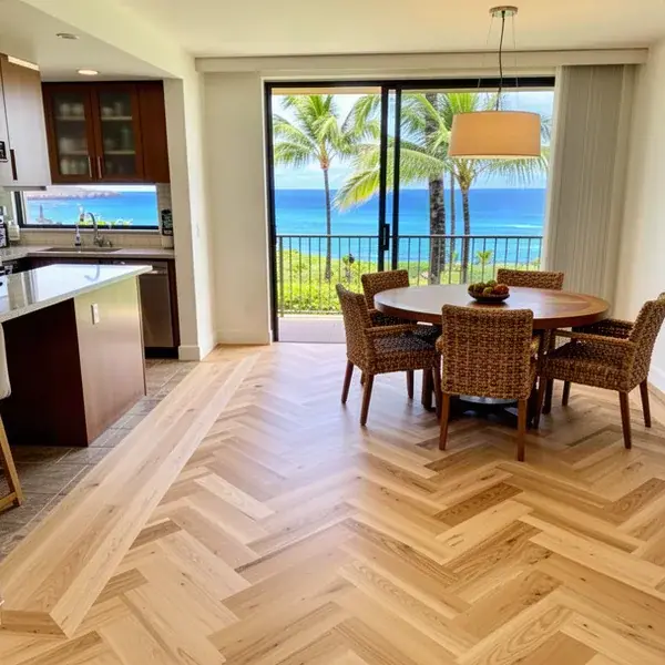 Glue down herringbone floor in Kihei condo dining room