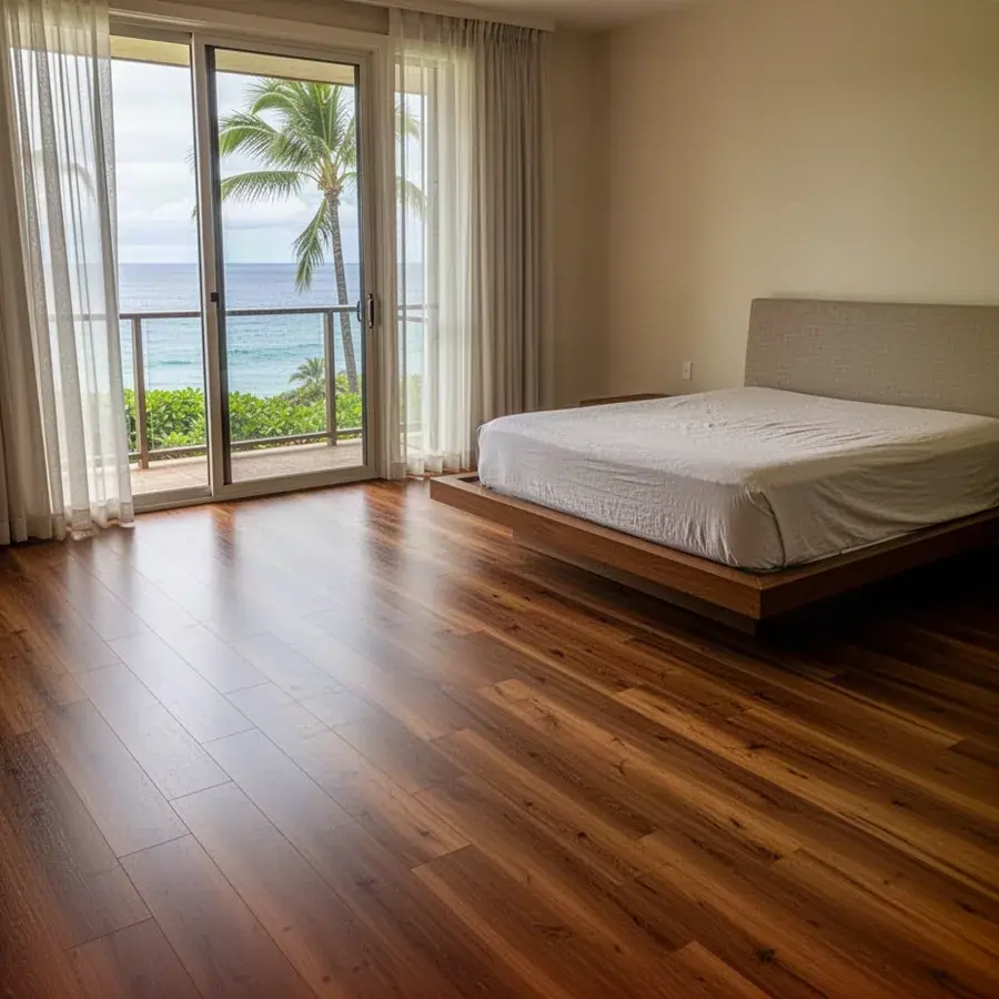 Walnut-tone planks lying dead flat Glue-down vinyl plank on leveled Wailea condo slab