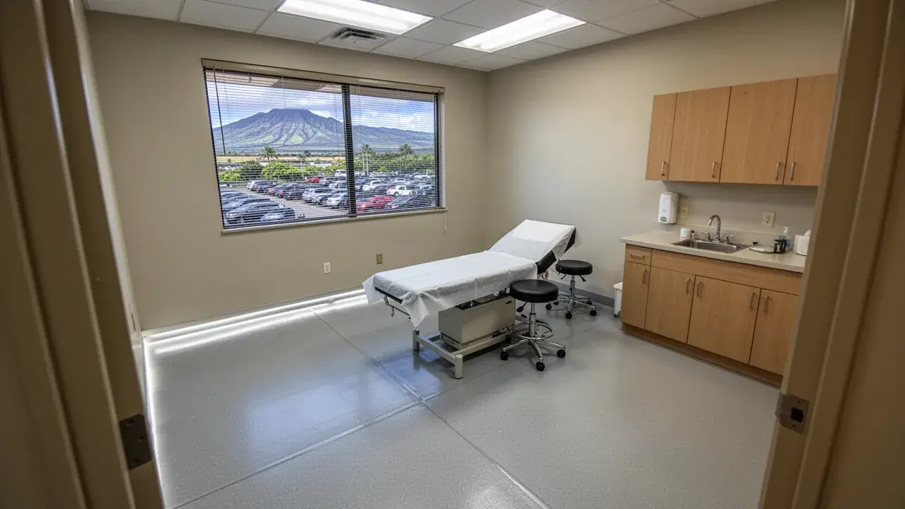 Heat welded sheet vinyl floor in Kahului clinic