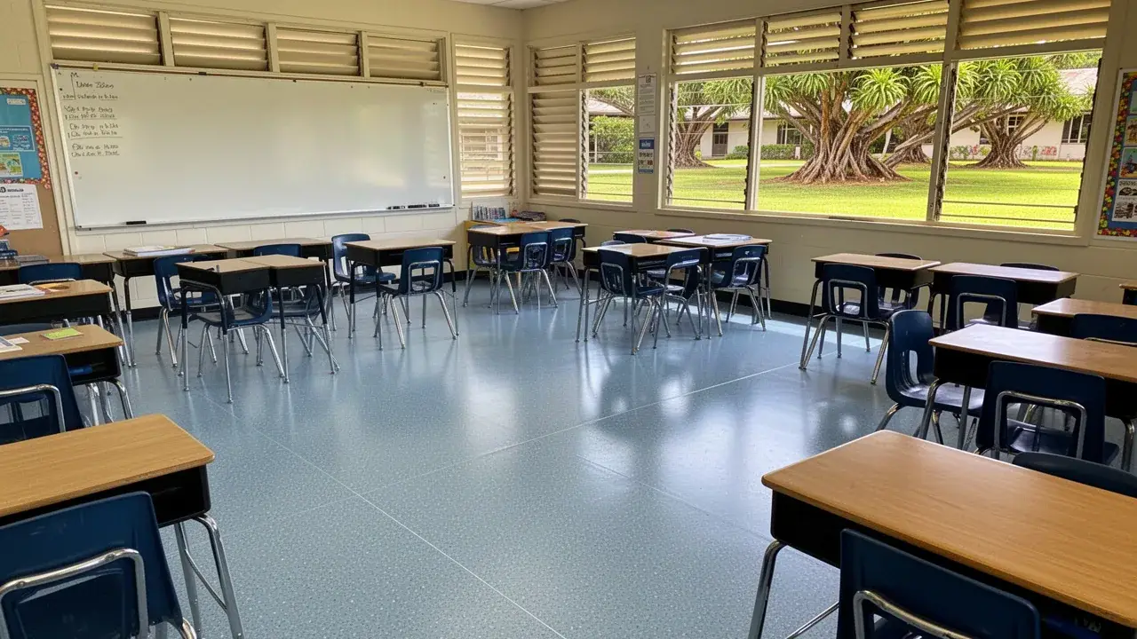 Heat welded sheet vinyl floor in Maui school classroom
