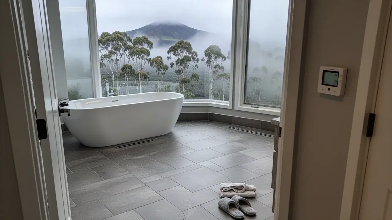 Heated porcelain tile bathroom floor in Kula home