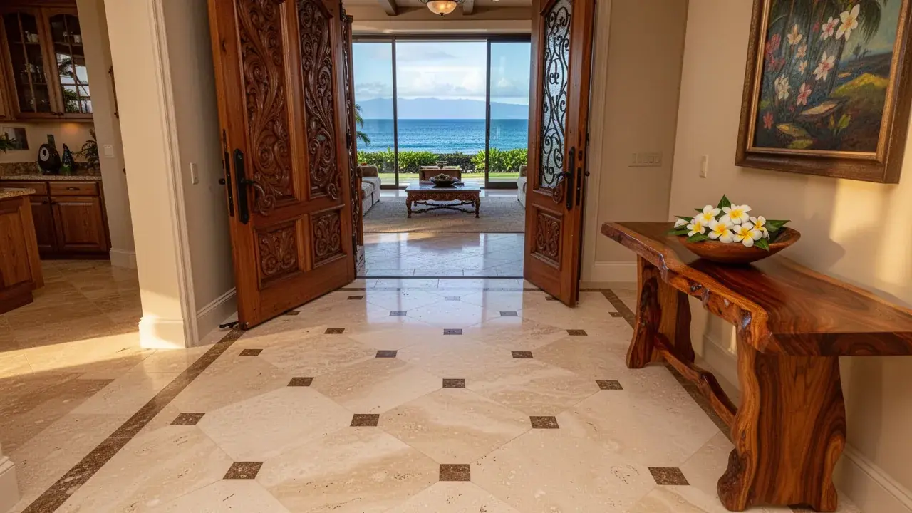A finished travertine foyer Honed travertine entry floor in Kaanapali luxury home