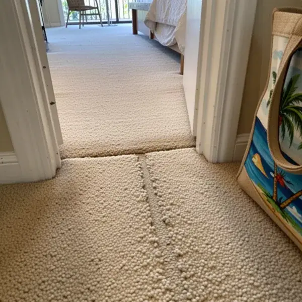 Invisible repaired carpet seam in Kihei condo hallway