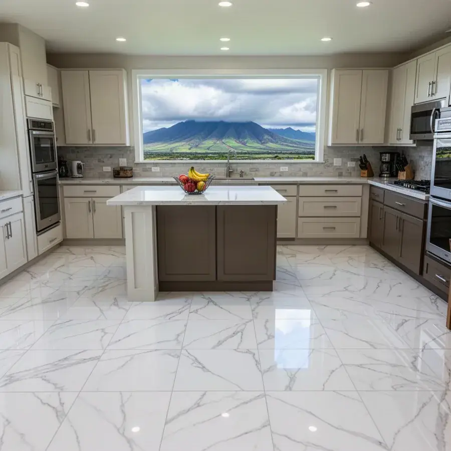 Large format porcelain tile floor in Kahului home kitchen