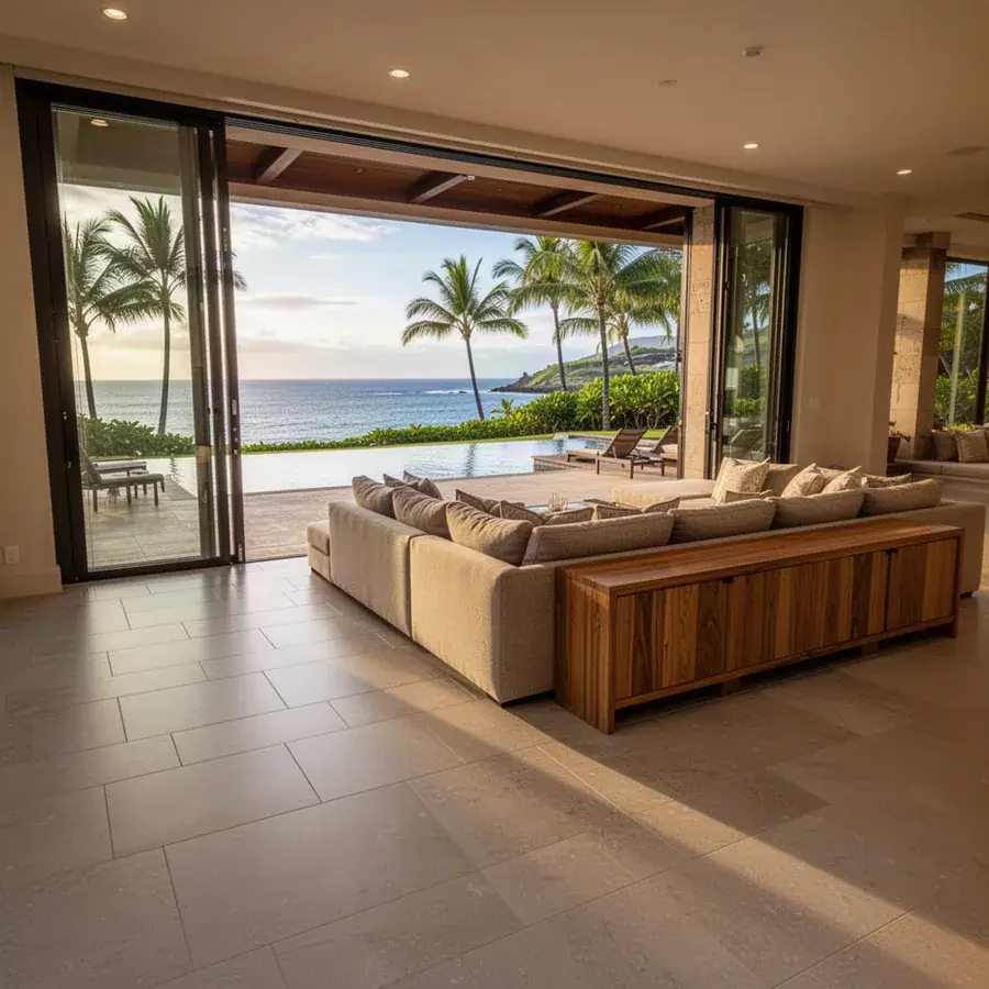 Large format porcelain tile floor in Wailea great room