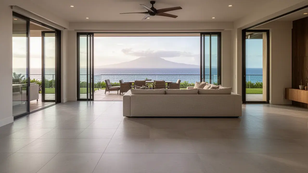 Big porcelain tiles with barely-there grout lines Large format porcelain tile living room in Olowalu home