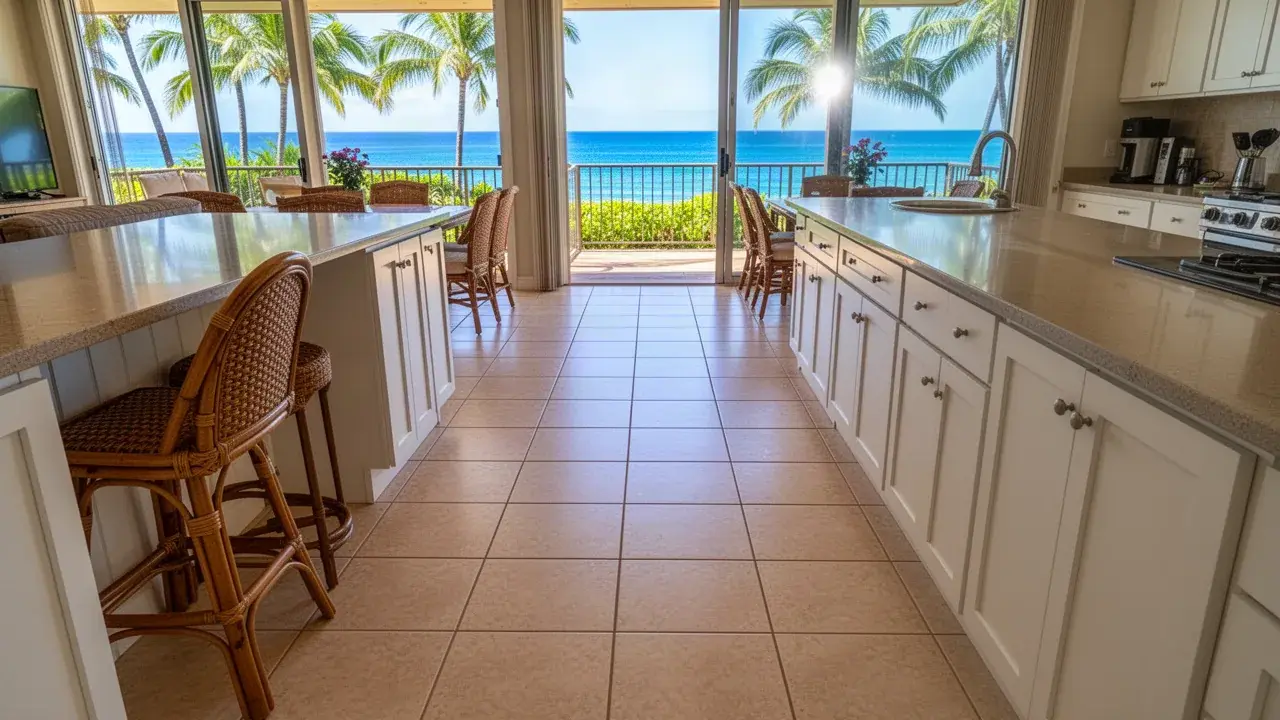 New tile across an open kitchen and dining area Light porcelain tile floor in Napili condo kitchen