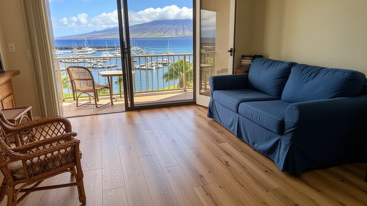Luxury vinyl plank floor in Maalaea condo living room