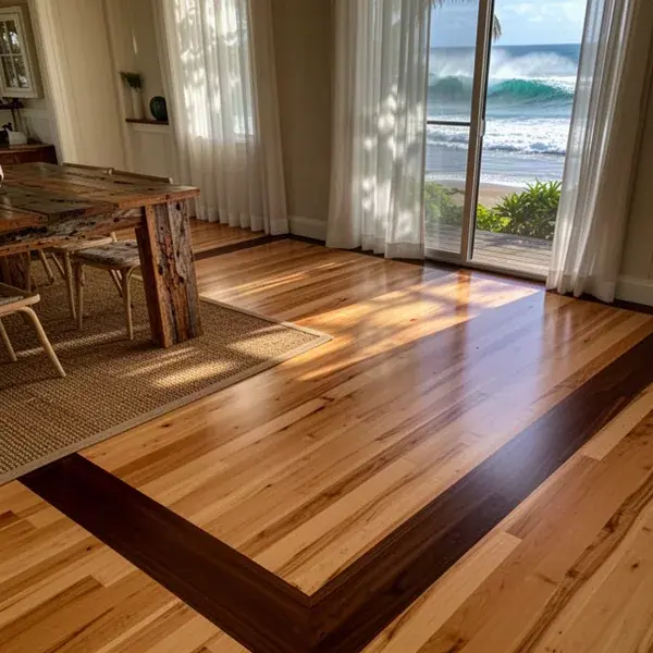 Maple floor with walnut border in Paia dining room