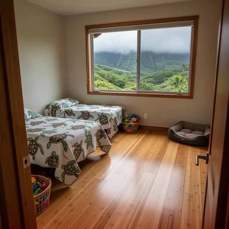 Natural bamboo floor in Haiku family home bedroom